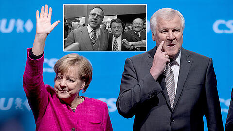 Die Union vor einem neuen Kreuth? 1976 wäre es unter dem damaligen CDU-Vorsitzenden Helmut Kohl (l.) und dem damaligen CSU-Chef Franz Josef Strauß beinahe zum Zerbrechen der Union gekommen. Ihren politischen Erben Angela Merkel und Horst Seehofer drohen nun ebenfalls schwierige Sondierungsgespräche