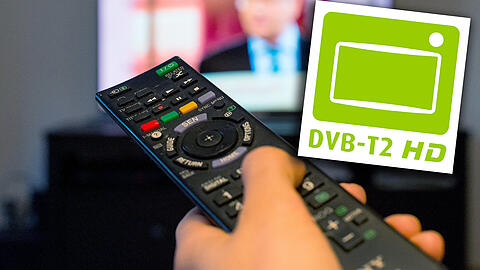 Umstellung von DVB-T auf DVB-T-2: Geräte, die DVB-T2 HD empfangen können, tragen ein grünes Siegel mit den Umrissen eines Fernsehers und der Aufschrift "DVB-T2 HD".