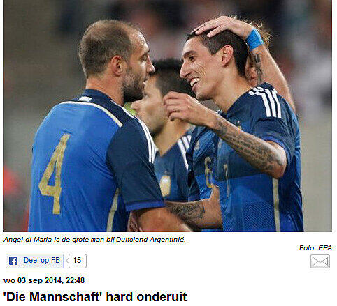 "Die Mannschaft (auf deutsch geschrieben) mit starkem Rückgang", telegraaf.nl (Niederlande)