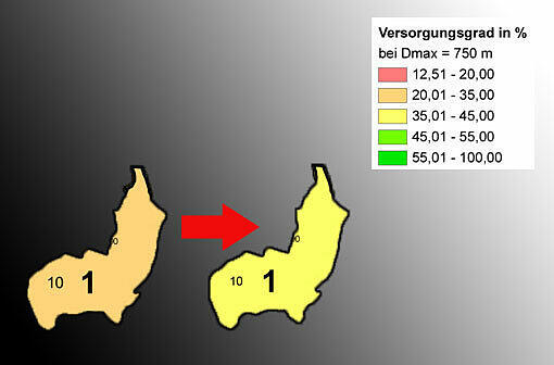 Wie die Stadtteile aktuell versorgt sind, zeigt die jeweils linke Karte: In 1. Altstadt-Lehel liegt die Versorgung aktuell bei 57,6 Prozent. Die rechte Karte zeigt an, wie der Versorgungsstand nach dem Ausbau 2013 sein soll.