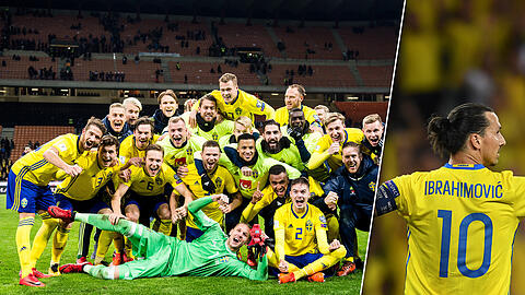Schwedens Nationalmannschaft nach dem Einzug in die WM-Endrunde. Beim Turnier möglicherweise wieder mit Anführer Zlatan Ibrahimovic (r.)?