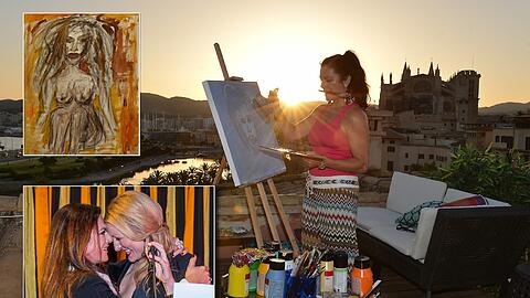 Inspirierende Kulisse: Christine Neubauer steht auf der Terrasse ihres Ateliers in Palma auf Mallorca und malt.