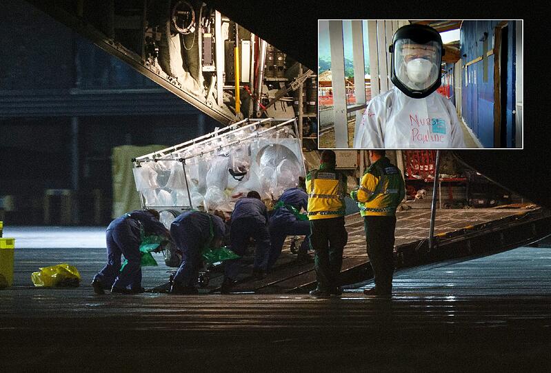 Die Ebola-Patientin wird von Glasgow in eine Spezialklinik nach London gebracht. Rechts oben: Eine Krankenschwester im Londoner Krankenhaus.