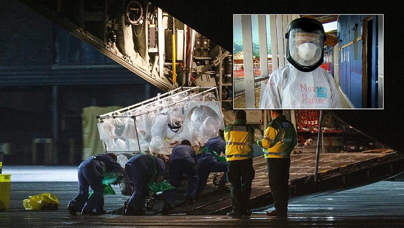Die Ebola-Patientin wird von Glasgow in eine Spezialklinik nach London gebracht. Rechts oben: Eine Krankenschwester im Londoner Krankenhaus. Die Ebola-Patientin wird von Glasgow in eine Spezialklinik nach London gebracht. Rechts oben: Eine Krankenschwester im Londoner Krankenhaus.