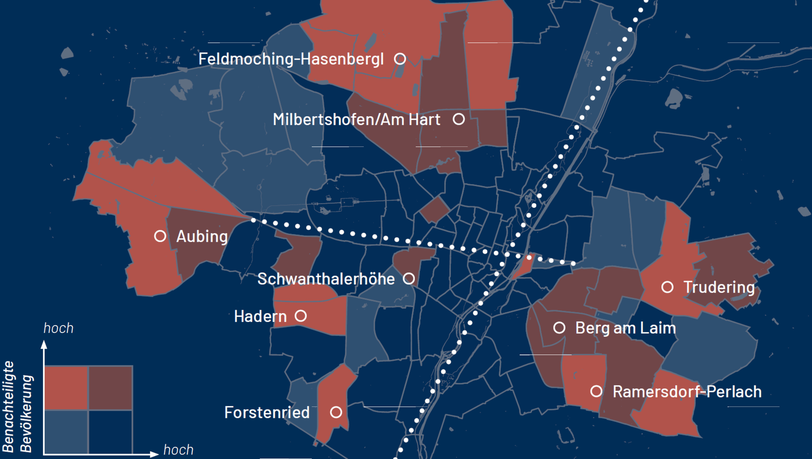 Unterteilt auf 108 Bezirke zeigt die Karte der Mobilitätsforscher, wo Menschen besonders benachteiligt sind. Rot sind die am schlechtesten versorgten Gebiete, dunkelblau die am wenigsten benachteiligten. Unterteilt auf 108 Bezirke zeigt die Karte der Mobilitätsforscher, wo Menschen besonders benachteiligt sind. Rot sind die am schlechtesten versorgten Gebiete, dunkelblau die am wenigsten benachteiligten.