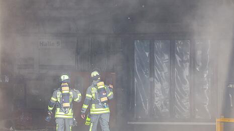 Kräfte der Feuerwehr verschaffen sich nach der Explosion in einer Industriehalle einen Überblick.