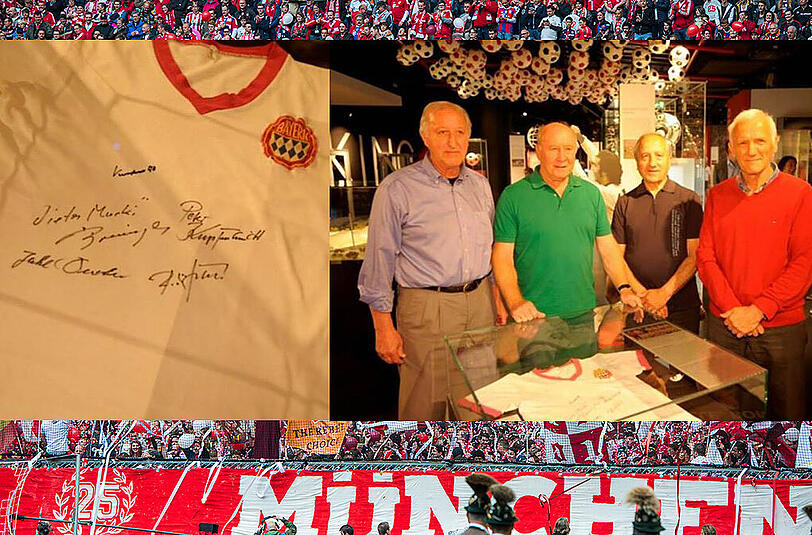 Das legendäre Quartett übergab das Trikot von Alfons Kunstwadl in die FC-Bayern-Erlebniswelt.