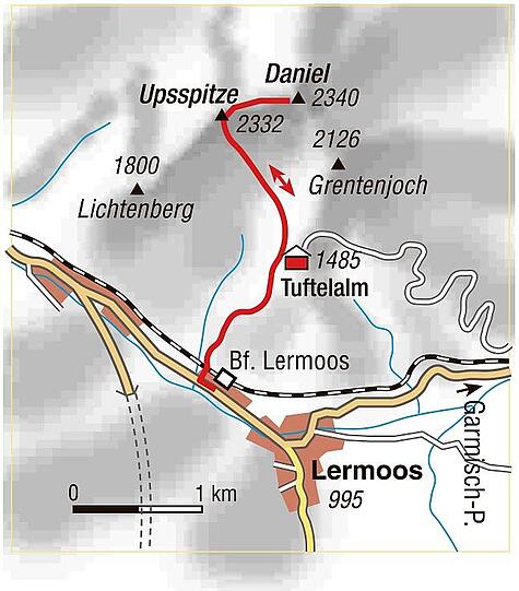 Die Wanderroute über Upsspitze und Daniel.