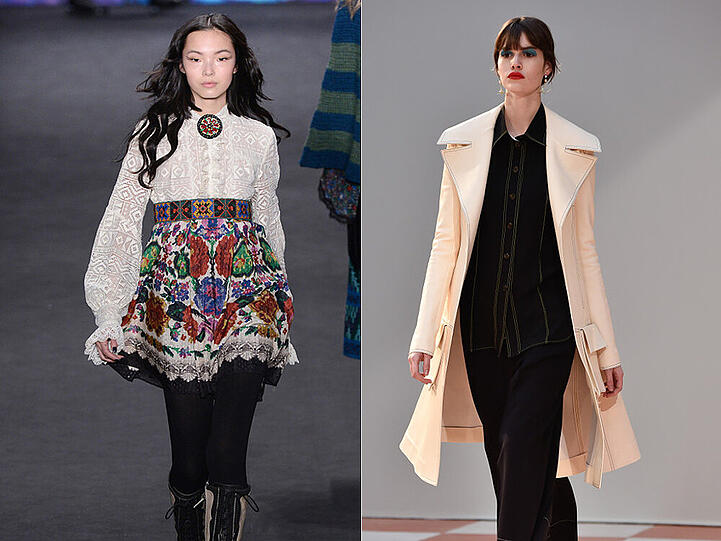 Die Designer setzen im Herbst/Winter 2015 unterschiedliche Prioritäten: Während Anna Sui auf Folklore setzt (links), steht bei Céline der Hosenanzug hoch im Kurs