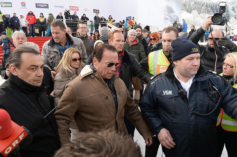 Arnold Schwarzenegger mit Ralf Möller beim Kitzbüheler Hahnenkammrennen