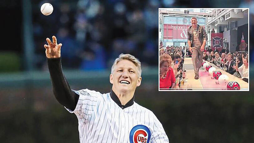 Schweinsteiger als Baseballer für Chicago und als Model auf dem Laufsteg. 	F