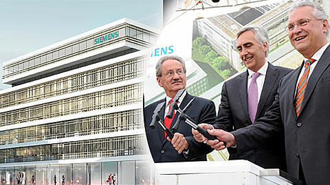 Die Neugestaltung der Siemens-Konzernzentrale in München wird nach einem Konzept von Henning Larsen Architects umgesetzt. Christian Ude (l.), Peter Löscher und Joachim Hermann waren bei der Grundsteinlegung dabei. Sehen Sie hier die Bilder!