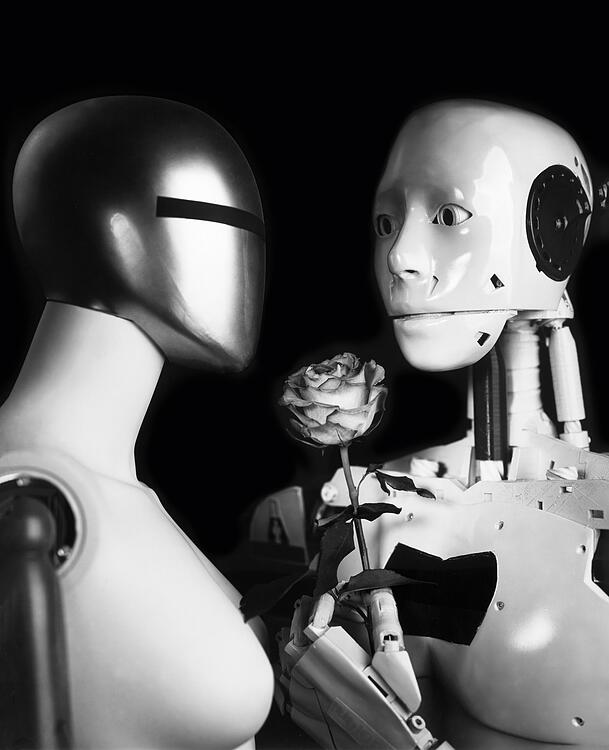 Mit dem männlichen und dem weiblichen Roboter thematisiert Dreisörner den Umgang von Künstlicher Intelligenz mit Liebe - die sie nicht empfinden kann. Mit dem männlichen und dem weiblichen Roboter thematisiert Dreisörner den Umgang von Künstlicher Intelligenz mit Liebe - die sie nicht empfinden kann.