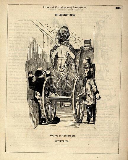 "Das Münchner Odeon. Eingang für Fußgänger": eine Karikatur aus der Zeitschrift "Fliegende Blätter" von 1846. Durch den Planungsfehler eines fehlenden Eingangs für Fußgänger mussten sich Gäste, Kutschen und Pferde gemeinsam durch die engen Portale zwängen. Klenze reagierte, ließ zwei Fenster zu eigenständigen Fußgängereingängen umbauen.