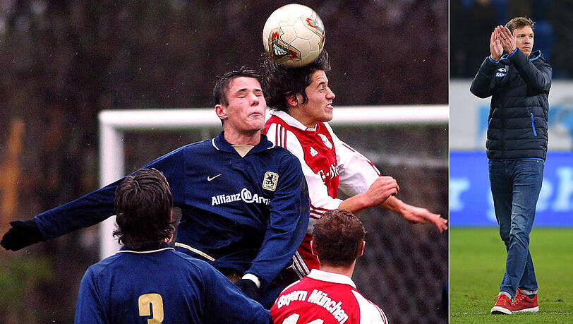 Früher ein Blauer: Julian Nagelsmann (links) im Trikot des TSV 1860 bei einer Partie im Jahr 2003 gegen die U17 des FC Bayern. Rechts als aktueller Trainer des Bundesligisten TSG 1899 Hoffenheim. Früher ein Blauer: Julian Nagelsmann (links) im Trikot des TSV 1860 bei einer Partie im Jahr 2003 gegen die U17 des FC Bayern. Rechts als aktueller Trainer des Bundesligisten TSG 1899 Hoffenheim.