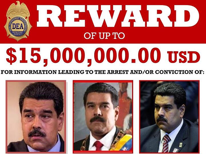 Fahndungsposter des US-Justizministeriums für Nicolas Maduro, Präsident von Venezuela.