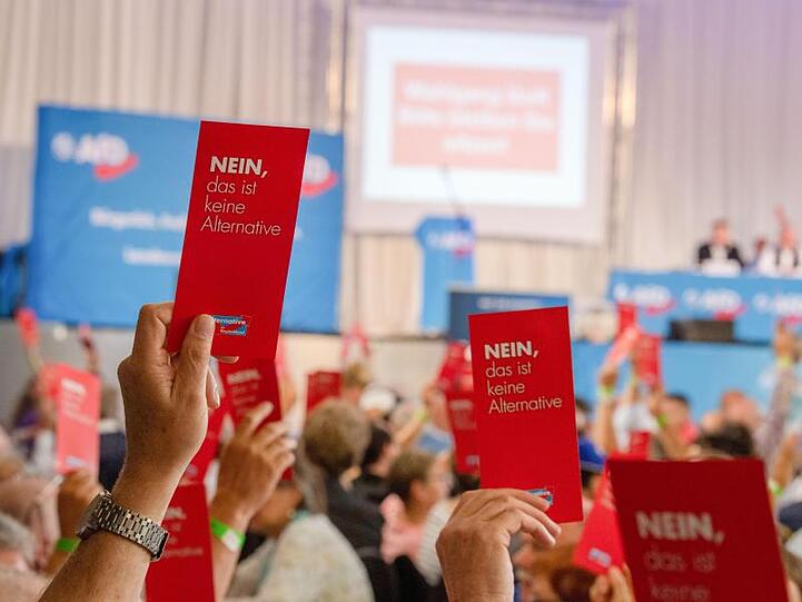 Parteimitglieder stimmen während des Sonder-Landesparteitags der AfD Bayern mit Stimmzetteln ab. Foto: Lino Mirgeler
