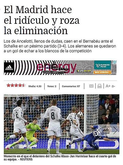 Die spanische Zeitung "publico" lässt kein gutes Haar an der Mannschaft aus Madrid: "Real Madrid ernet Spott und schrammt an der Elimination vorbei"