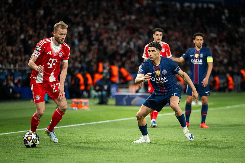 Auch er hatte es schwer: Konrad Laimer (l.) gegen Achraf Hakimi.