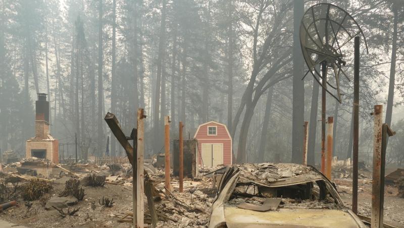 Ein ausgebrannter Pkw und Trümmer nach dem Waldbrand, dem sogenannten "Camp"-Feuer. Foto: Barbara Munker/Archiv Ein ausgebrannter Pkw und Trümmer nach dem Waldbrand, dem sogenannten "Camp"-Feuer. Foto: Barbara Munker/Archiv