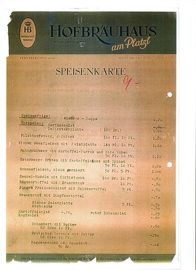 Die Speisekarte aus dem Hofbräuhaus vom 7. Mai 1946.