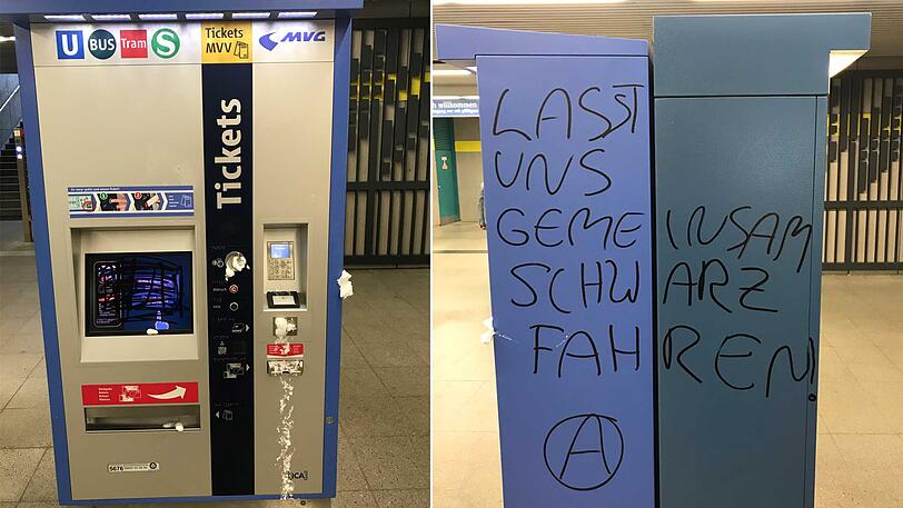 Der beschmierte und besprühte Fahrkartenautomat.