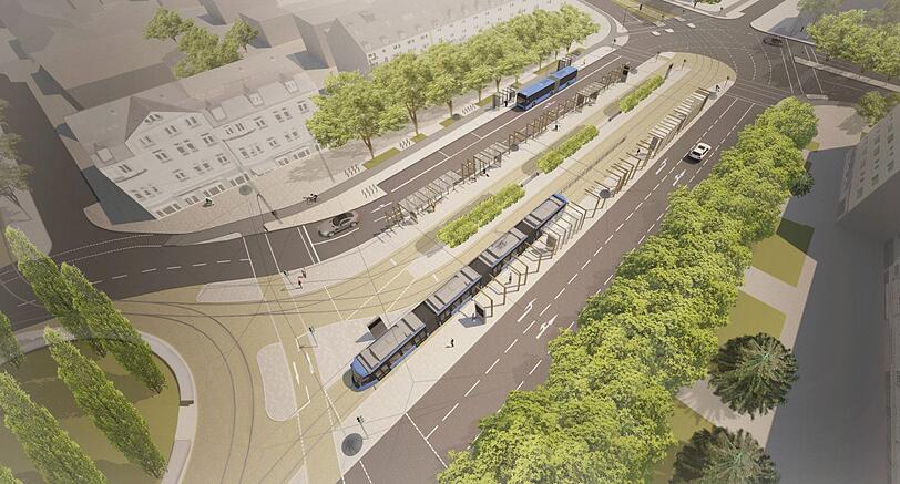 Der neue Romanplatz von oben: Ein drittes Tramgleis soll den Platz zur ÖPNV-Drehscheibe machen.