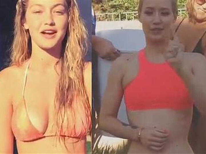 Die beiden Schönheiten Gigi Hadid (l.) und Iggy Azalea ließen sich im Bikini mit Eiswasser überschütten