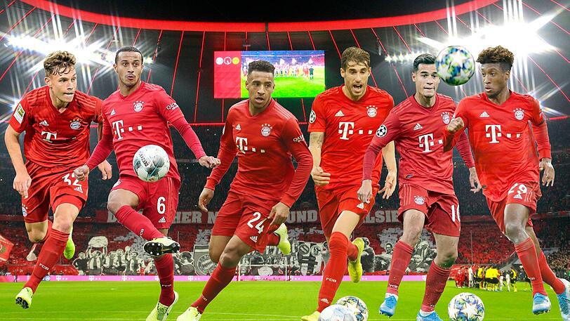 Vier heiße Startelf-Kämpfe beim FC Bayern (v.l.): Kimmich gegen Thiago, Tolisso gegen Goretzka, Coutinho gegen Coman sowie (unten) Martínez (l.) gegen Boateng.