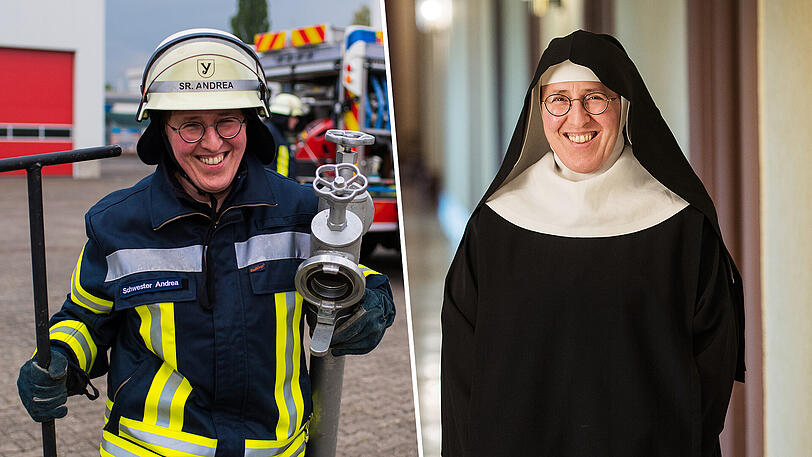 Zweierlei Arbeitskleidung: Andrea Stadermann tauscht ihre Nonnentracht gern mal gegen die Feuerwehr-Kluft.