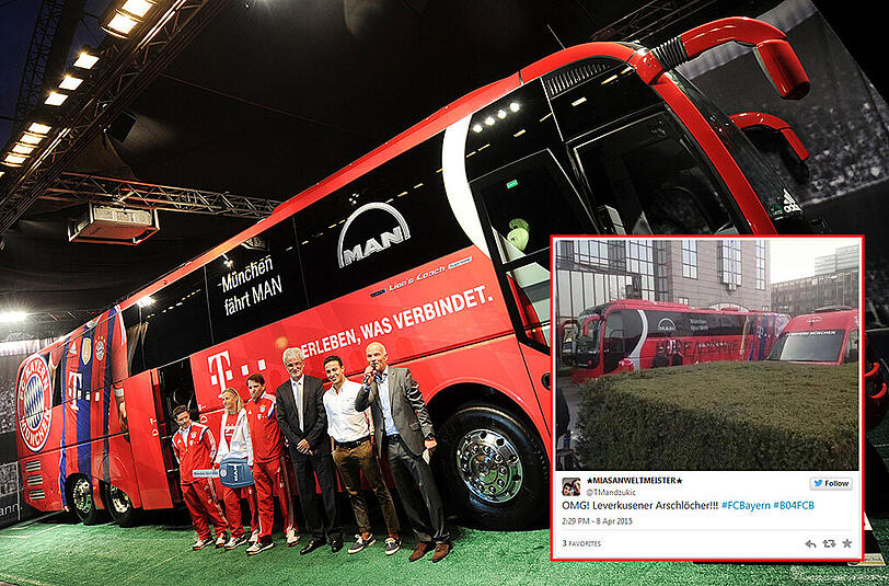 Der Mannschaftsbus des FC Bayern (hier bei der Präsentation) wurde vor dem Pokalspiel gegen Leverkusen beschmiert. Ein Twitteruser hat die Szene festgehalten.
