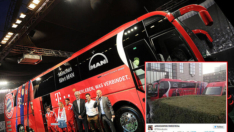 Der Mannschaftsbus des FC Bayern (hier bei der Präsentation) wurde vor dem Pokalspiel gegen Leverkusen beschmiert. Ein Twitteruser hat die Szene festgehalten. Der Mannschaftsbus des FC Bayern (hier bei der Präsentation) wurde vor dem Pokalspiel gegen Leverkusen beschmiert. Ein Twitteruser hat die Szene festgehalten.