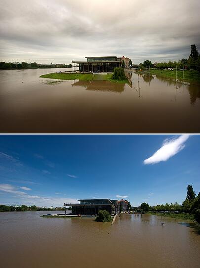 Die Bilder zeigen das Hochwasser der Elbe in Dresden um das Internationale Kongress Center und den Landtag in Sachsen.