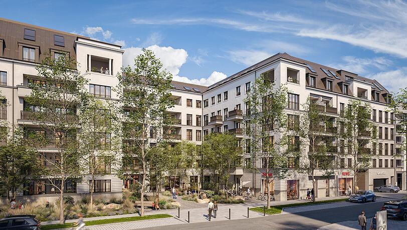 So soll der Neubau mit 186 Mietwohnungen ausschauen, wenn er fertig ist. Auch der Rewe kommt zur&uuml;ck.