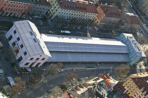 Die Schrannenhalle, unten der Pschorr und der angrenzende Viktualienmarkt. Nach dem Umbau soll der Bau für Fußgänger möglichst durchlässig sein