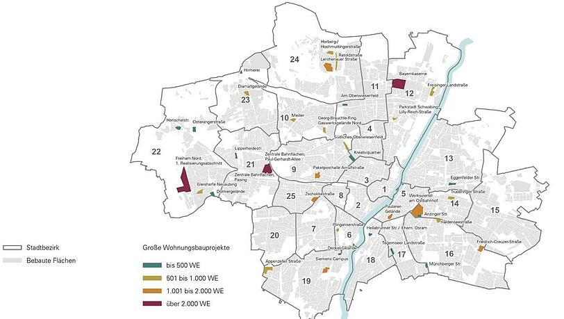 In ganz München wird gebaut. Diese Grafik der Stadt zeigt die größten Projekte. Die Farben geben an, wie viele Wohneinheiten jeweils entstehen. In ganz München wird gebaut. Diese Grafik der Stadt zeigt die größten Projekte. Die Farben geben an, wie viele Wohneinheiten jeweils entstehen.