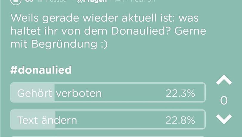 Eine kurze Umfrage zum Donaulied auf der App Jodel ergibt: Über Nacht haben mehr als 200 Leute eine Meinung - und knapp die Hälfte will das Lied so nicht mehr hören. Eine kurze Umfrage zum Donaulied auf der App Jodel ergibt: Über Nacht haben mehr als 200 Leute eine Meinung - und knapp die Hälfte will das Lied so nicht mehr hören.