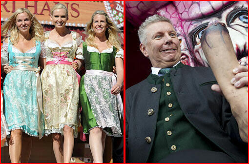 Hübsche Dirndl-Blondinen und ein Grusel-Reiter: Zwei Tage vor dem Anstich ist auf der Theresienwiese schon einiges los.