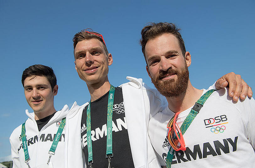 Die deutschen Radfahrer Emanuel Buchmann, Tony Martin and Simon Geschke (v.l.).