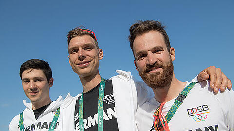 Die deutschen Radfahrer Emanuel Buchmann, Tony Martin and Simon Geschke (v.l.).