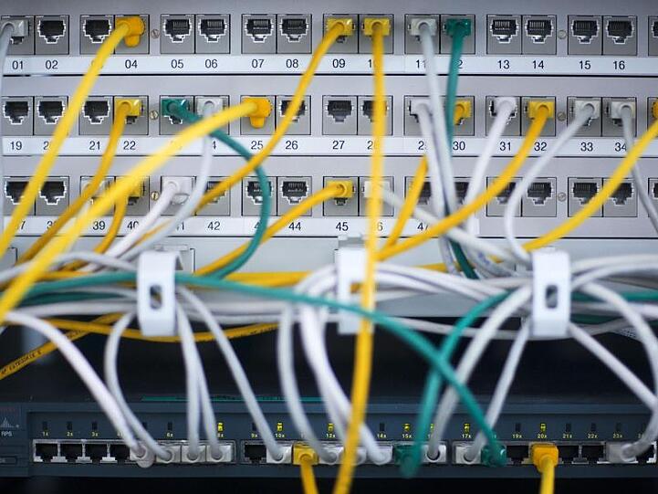 Zahlreiche Netzwerkkabel stecken in einem Serverschrank.