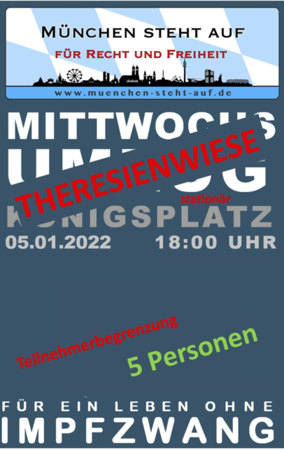 Der Demozug wurde abgesagt. Stattdessen plant die Initiative nun eine stationäre Versammlung an der Theresienwiese mit fünf Teilnehmern. Der Demozug wurde abgesagt. Stattdessen plant die Initiative nun eine stationäre Versammlung an der Theresienwiese mit fünf Teilnehmern.