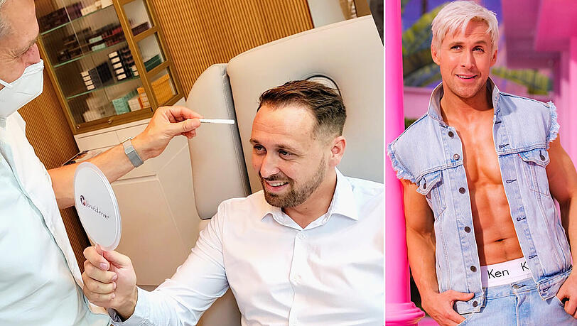 Schön nachgeholfen: Ludwig Lehner (li.) nach der Botox-Behandlung und Ryan Gosling (re.) nach der Maske am Film-Set von "Barbie"