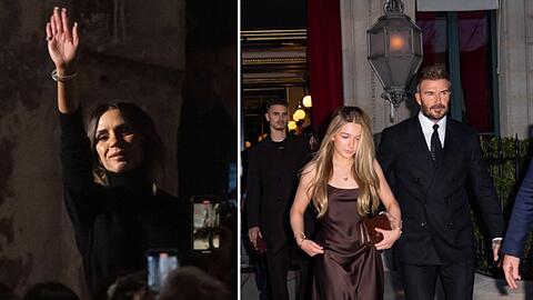 Küsschen für das Publikum: Victoria Beckham (l.) am Ende ihrer Fashionshow in Paris - auch Romeo, Harper und David Beckham ließen sich die Show nicht entgehen.
