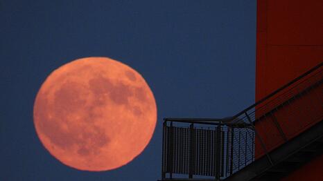 Dr sogenannte Erdbeermond über der Hafencity in Hamburg.