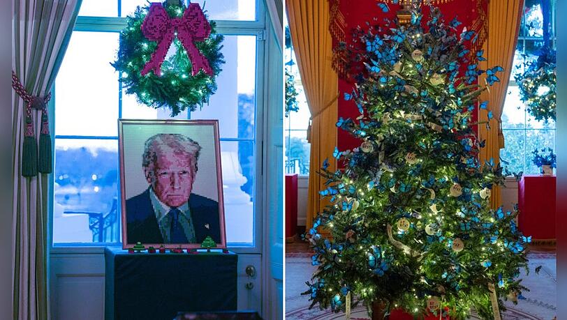 Melania Trump hat die Deko fürs Weiße Haus wie ein Lego-Porträt ihres Mannes und blaue Schmetterlinge am Baum selbst ausgewählt.