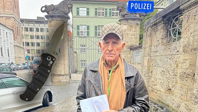 Nach dem Messerfund muss Frederic Prinz von Anhalt zum Polizeipräsidium. Nach etwa einer Stunde durfte er gehen. In den Händen hält er u.a. ein Sicherstellungsprotokoll.