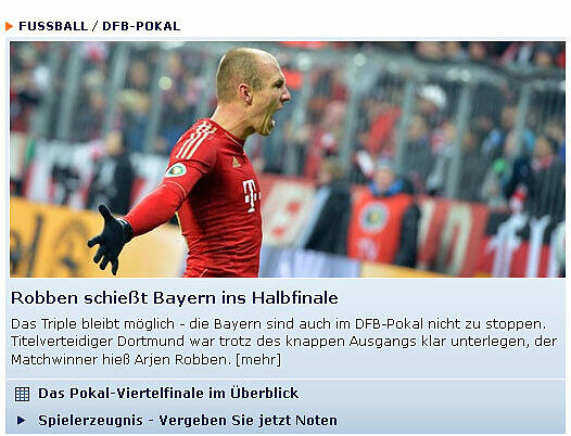 Sportschau.de: "Robben schießt Bayern ins Halbfinale"