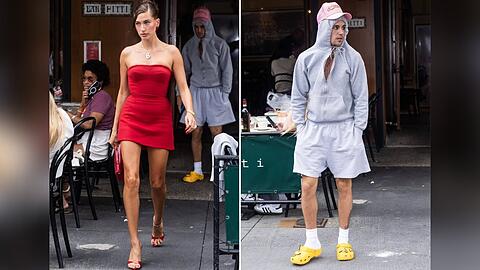 Ungleiches Paar: Während sich Hailey Bieber herausputzte, kam Ehemann Justin im Jogginganzug zu ihrem Event.