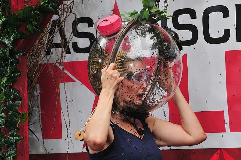 Helenas zweite Aufgabe: Helena muss mit dem Kopf in einer Plexiglashaube voller Tiere, drei Karaoke-Lieder singen.